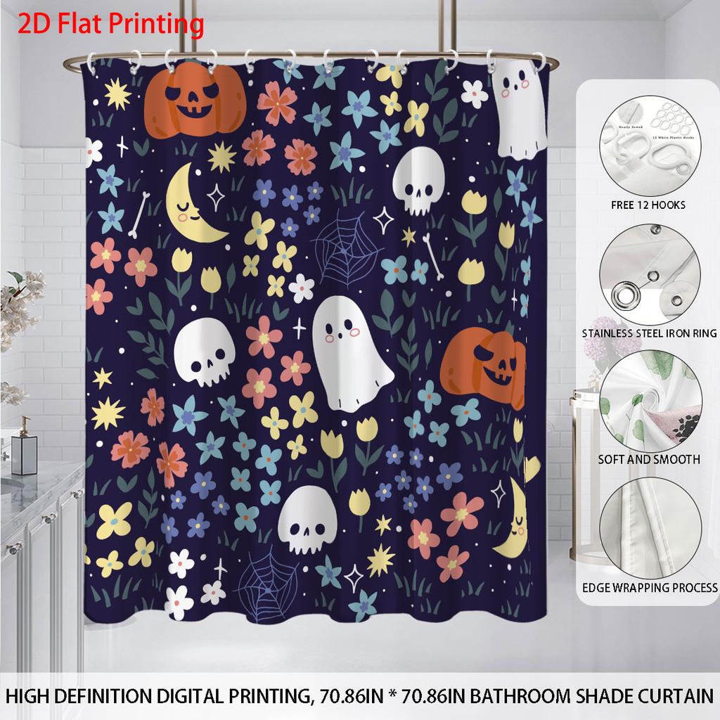1Pc Halloween Colored Ghost Print Waterproof Shower Curtain Bathroom Partition Privacy Multiple Sizes 12 Hooks Easy To Install