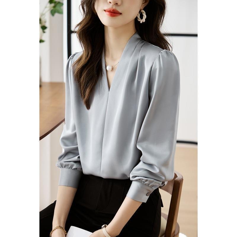 Design Sense Simple Shirt Women's Spring and Autumn Temperament Collar Sense Light Ripe Chiffon Shirt Top French Gentle