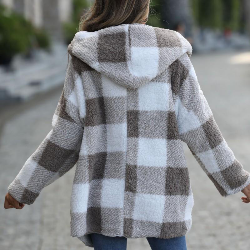 Womens Oversized Hooded Bubble Fleece Coat Casual Long Sleeve Plaid Loose Fit Mid-Length Unbuttoned Jacket