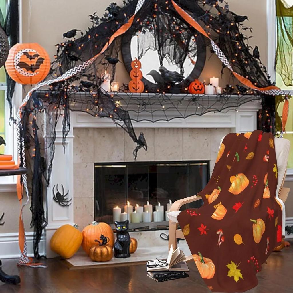 Halloween Throw Blanket – Pumpkin & Maple Leaves for Thanksgiving, Couch, Bed, Car, Home, Camping, All-Season Use