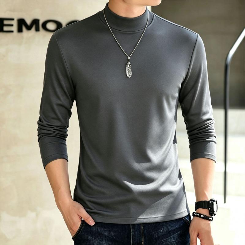 T-shirt en coton à manches longues et col semi-haut style coréen pour homme