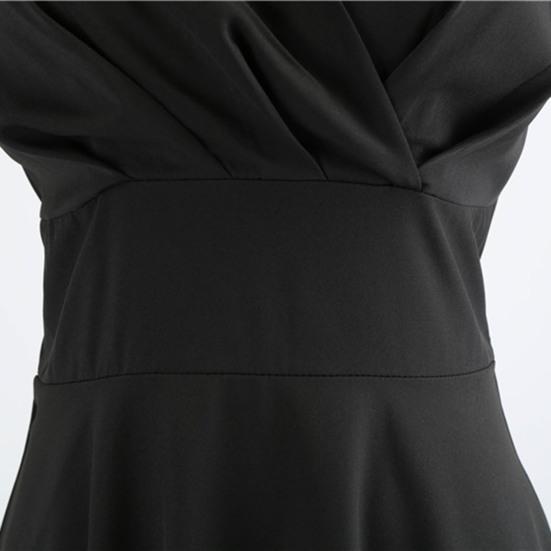 V-neck Short Sleeve Pleated Waist Tight High-Waist Gown Dress A-Line Skater Large Hem Midi Princess Dress Female Clothing