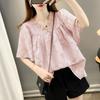 Fashion V-Neck Ruffles Spliced Blouse Women's Clothing Loose Casual Folds Summer All-match Solid Color Chic Jacquard Weave Shirt