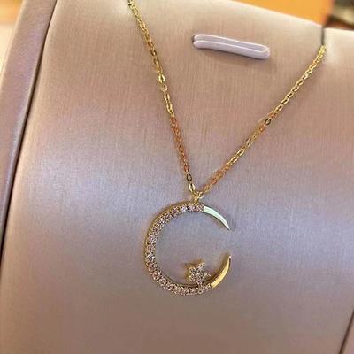 Super Blitz Zirkon Stern Mond Halskette Damen Leichter Luxus Nischen Design Voller Diamanten Anhänger Schlüsselbein Kette für Freundin Geschenk