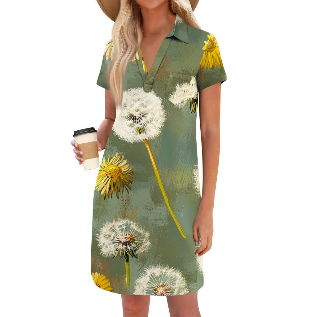 Women's Fashion Casual Loose Printed V-Neck Small Pocket Short Sleeve T-Shirt Dresses