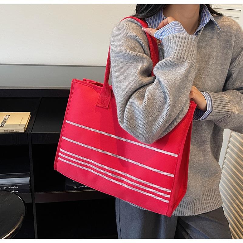 Striped Canvas Bag Women's Large-capacity New Autumn and Winter Versatile Simple Shoulder Bag College Student Tote Bag