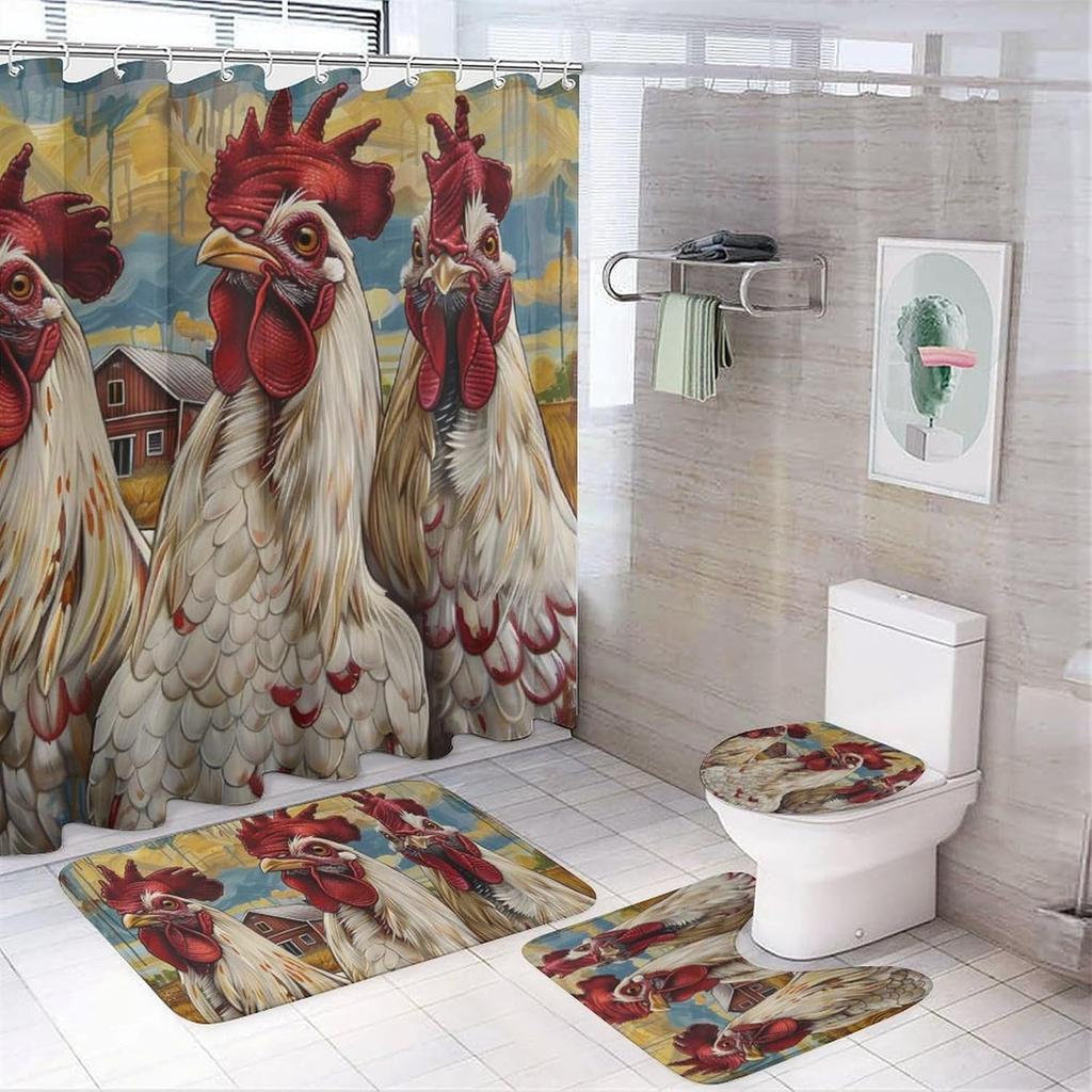 6style 4Pcs Bathroom Shower Curtain Set Chicken Farmhouse Bathroom Curtain With 12 Hooks Non Slip Rugs Toilet Cover Mat Bathroom Partition
