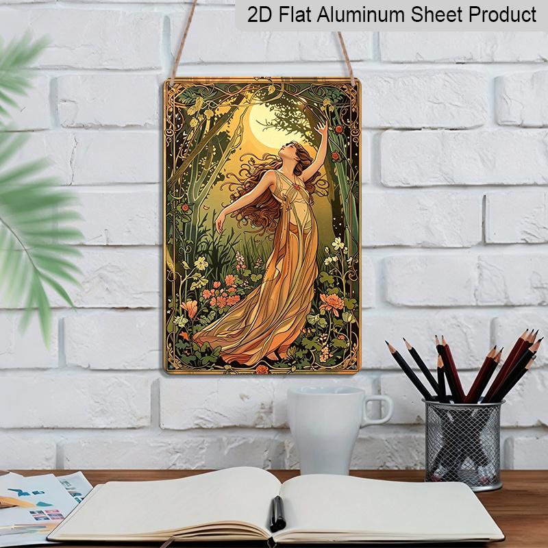 2D Flat Vintage Garden Girl Aluminum Wall Art- 8x12 Inches, Elegant Forest Scene with Flowing Dress& Blooming Flowers, Perfect for Indoor/Outdoor