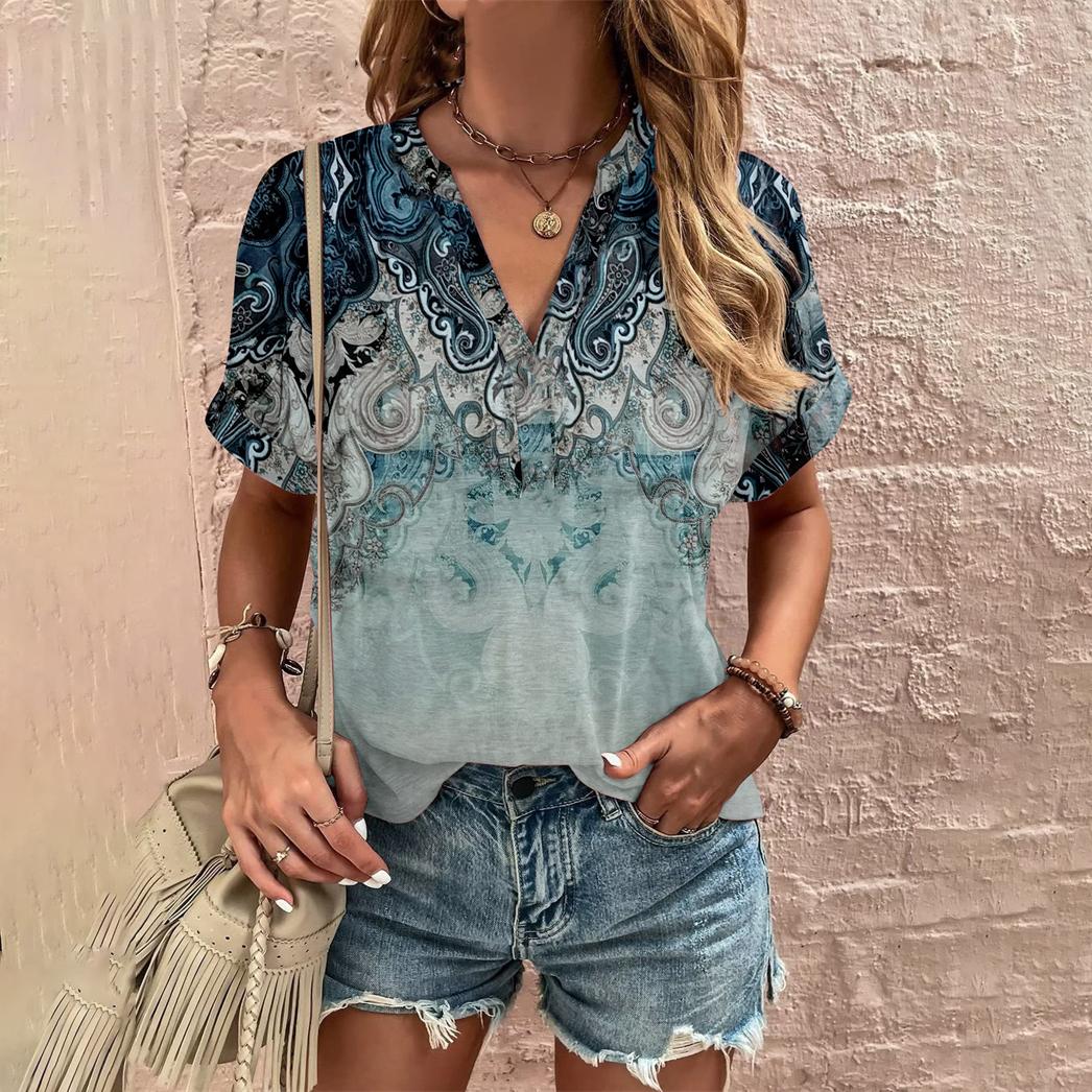 

Летняя женская футболка с цветочным принтом, женская повседневная футболка Harajuku с V-образным вырезом, модные футболки большого размера с коротким рукавом M