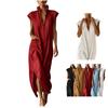 Summer European Style Women Clothing Maxi Dress Cotton Sleeveless Solid Color Loose Fit V-Neck Casual