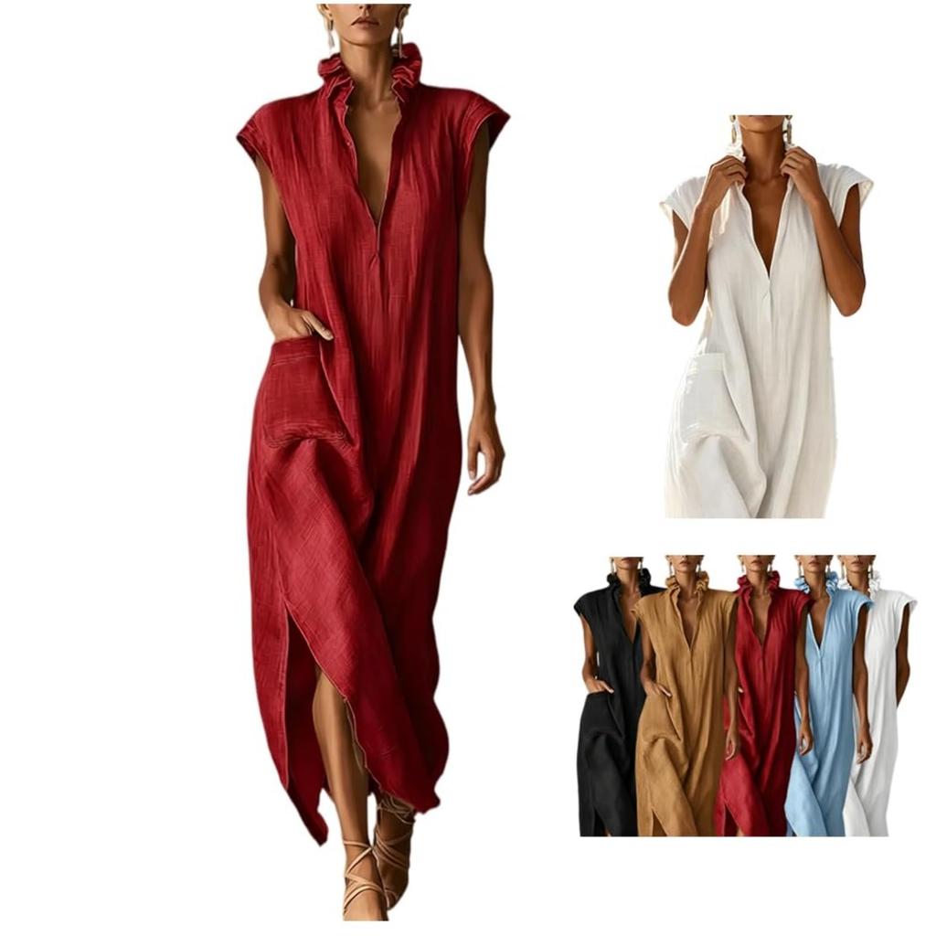 Summer European Style Women Clothing Maxi Dress Cotton Sleeveless Solid Color Loose Fit V-Neck Casual