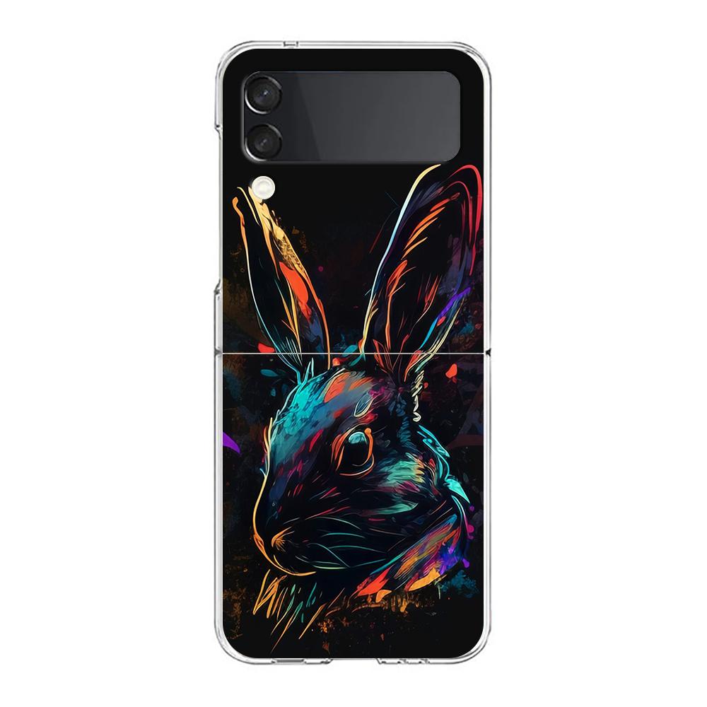 Phone Cover For Samsung Galaxy Z Flip 6 5 4 Case Transparent For Samsung Z Flip 3 Hard PC Foldable Shell Cute Graffiti Rabbit