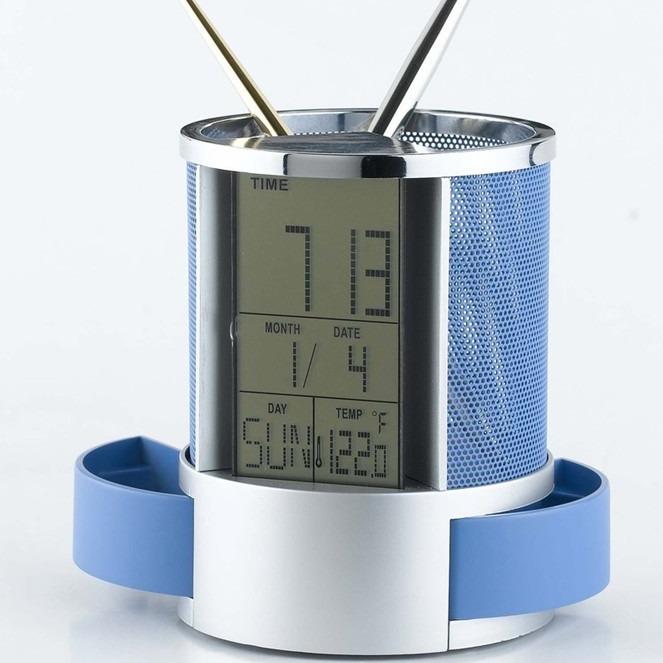 Multifunctional Metal Mesh Perpetual Calendar Pen Holder with Desktop Temperature Clock