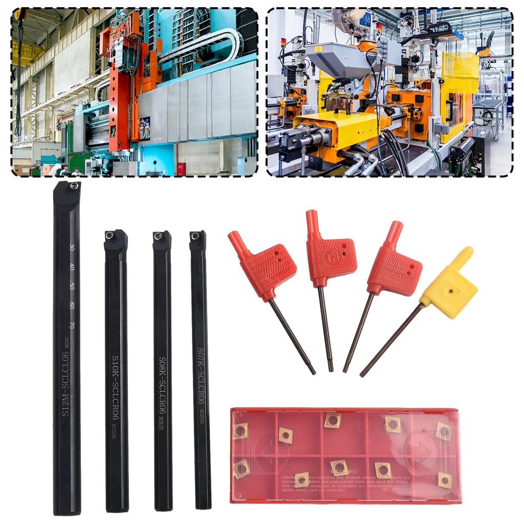 4Pcs Lathe Boring Bar Turning Tool Set S07K/S08K/S10K/S12M-SCLCR06 & T8 Wrenches