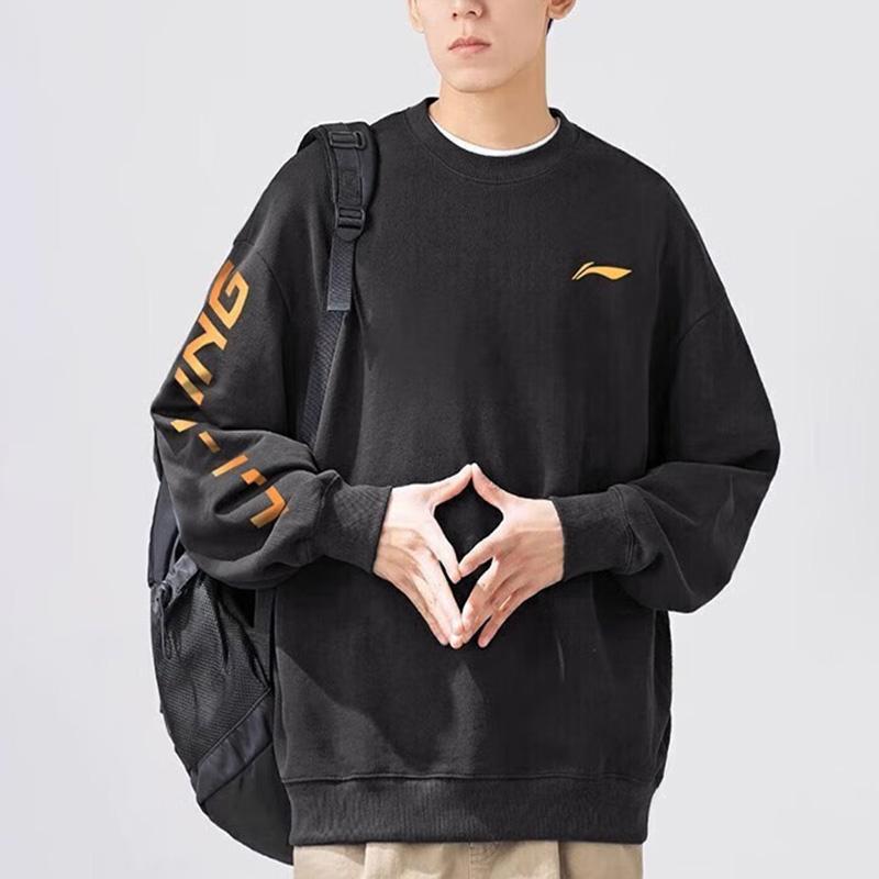Li Ning Brand Logo Couple Casual Sports Round Neck Pullover Long Sleeve Fleece Sweatshirt Unisex Sweatshirt Black YWDT533-2