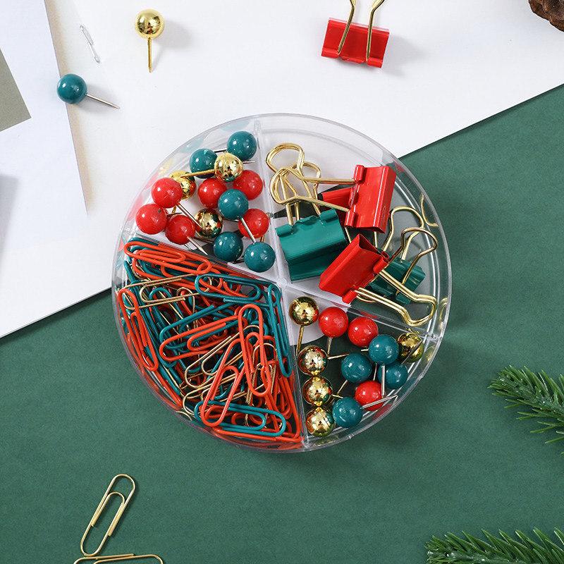 Festive Stationery Set: Christmas Paper Clips, Long Tail Clips, Thumb Tacks in 4-Grid Box - Red, Green & Gold Cultural Binding Gifts