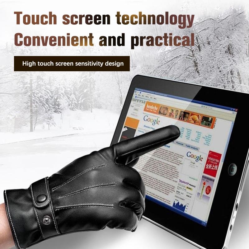 Men Winter PU Leather Black Gloves Button Warm Mittens Outdoor Sports Driving Skiing Men's Windproof Gloves Winter Supplies