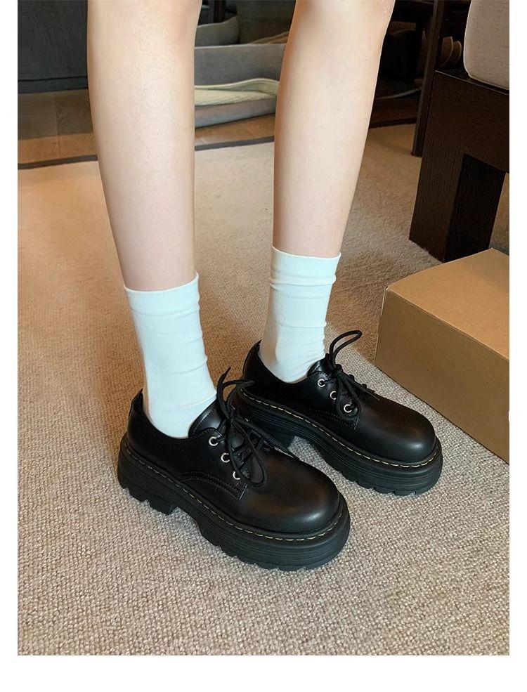 Dámské Oxfords na platformě z měkké kůže – Podzim/Zima 2025 Britský styl Boty na šněrování zvyšující výšku.