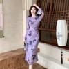 New Chinese Cheongsam Purple Printed Dress Women's National Style Temperament Design Sense Niche Long Sleeves Waist Thin Dress