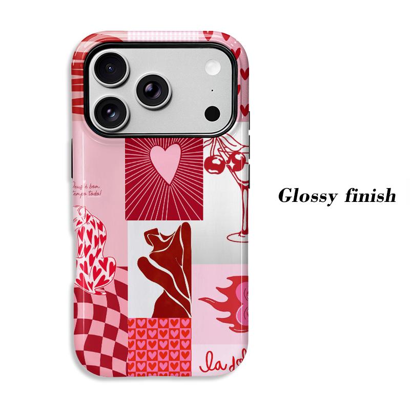 Pink Red Heart Cherry Checkered Collage Print Soft Silicone Phone Case Valentine Retro Shockproof Cover For iPhone 17 16 15 14 13 12 11 Pro Max