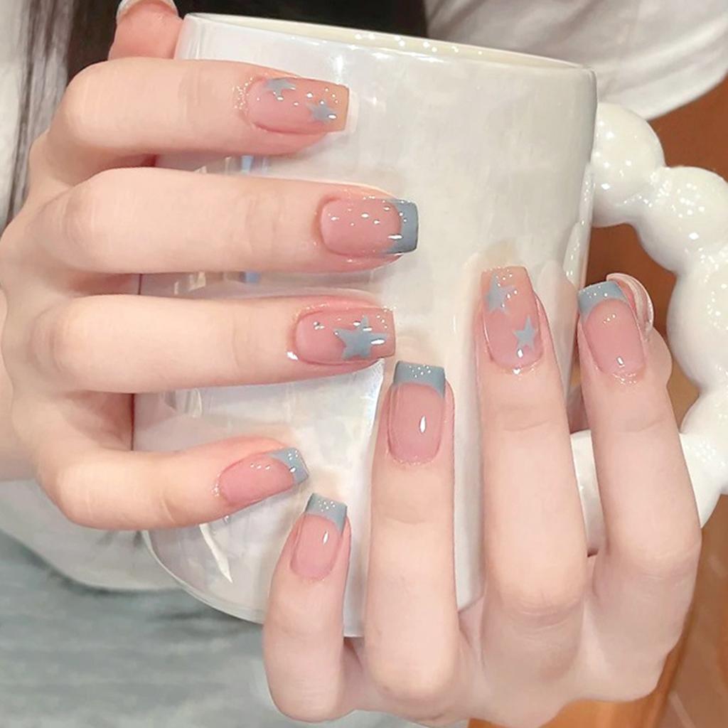 Pink Glossy Artificial Nails with Stars Print Durable & Never Splitting False Nails for Women Girls Manicure DIY