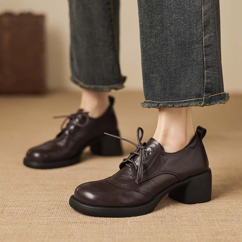 Krazing Pot Microfiber Round Toe Thick Med Heels Spring Summer Shoes Big Size 43 Size 33 Women Lace Up Platform Pumps