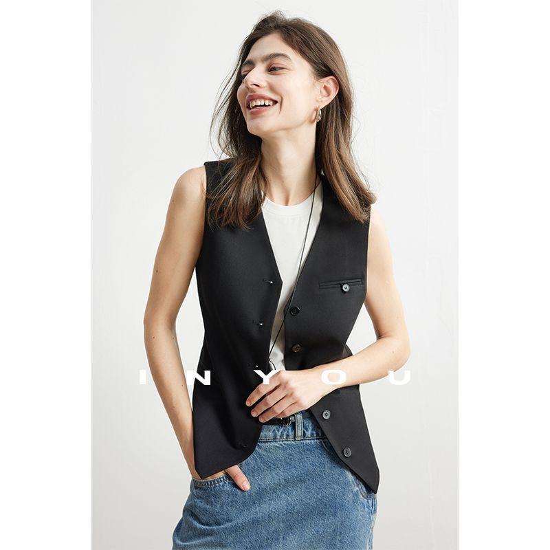 

Благодаря темпераменту, досугу, причудливому костюму, повседневной моде, деконструированному дизайну, костюму без воротника из австралийской шерсти, верхней одежде, женскому Quiet Black vest S