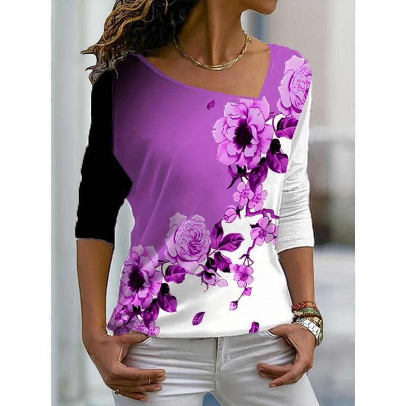 

Большой размер 2025 Лето Новинка Женская футболка с принтом, с вырезом лодочкой, с длинным рукавом, свободная, повседневная, полиэстер 8XL