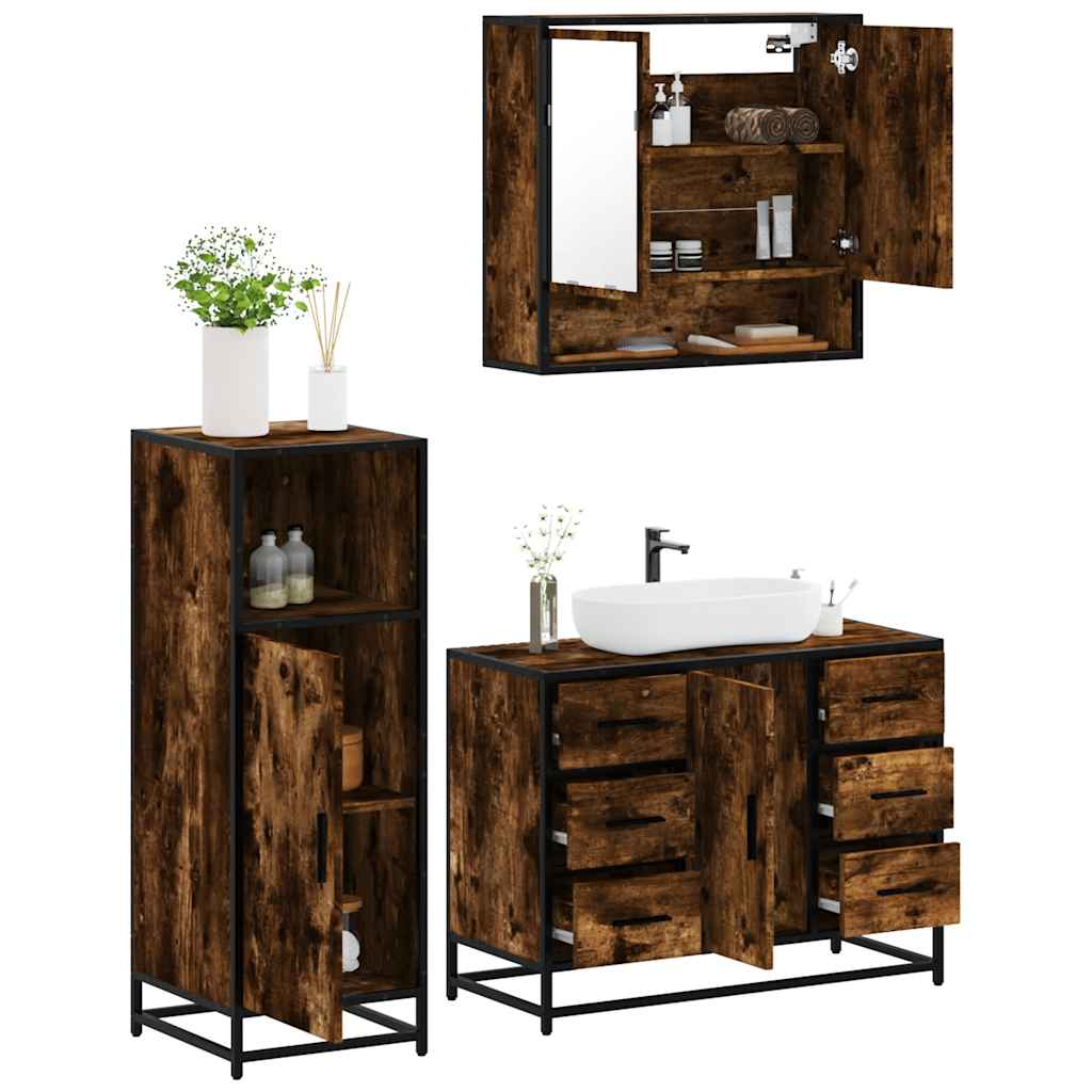 3 Piece Bathroom Furniture Set Smoked Oak Wood Based Material