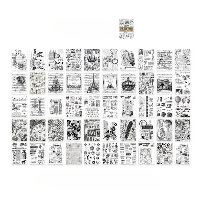 50 Pcs Vintage Washi Paper Stickers Set Old Times Newspaper Stamp Plants Decorative Sticker for Diy Journal Diary Scrapbook