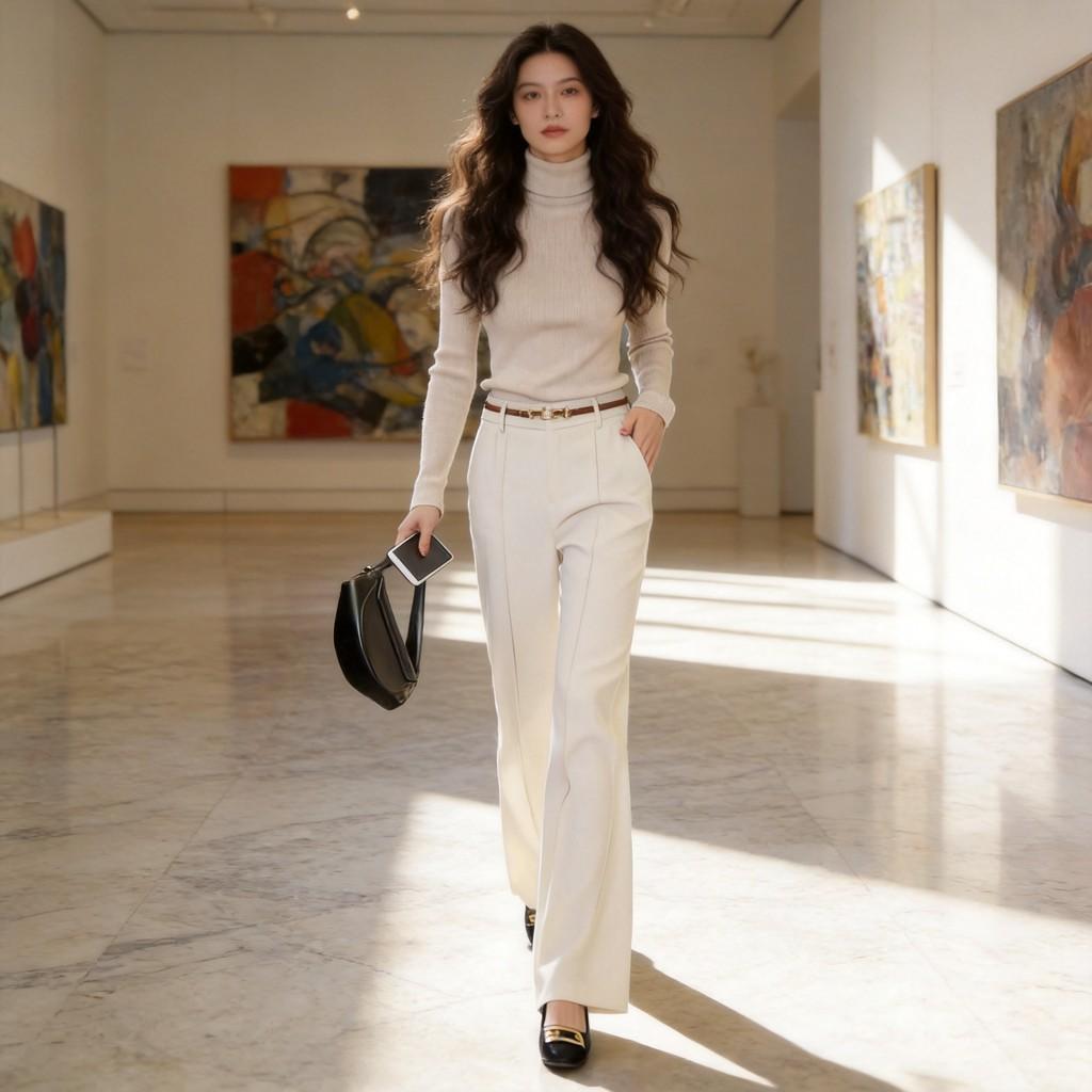 Pantaloni Larghi da Donna in Lana a Vita Alta Vestibilità Larga per Uso Casual Primaverile