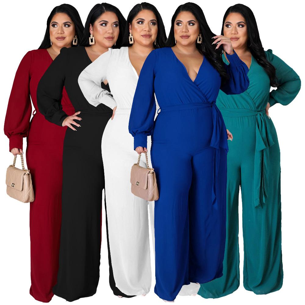 Tuta da Donna Taglie Forti Moda Temperamento Ampia Gamba Dritta Tinta Unita Cintura