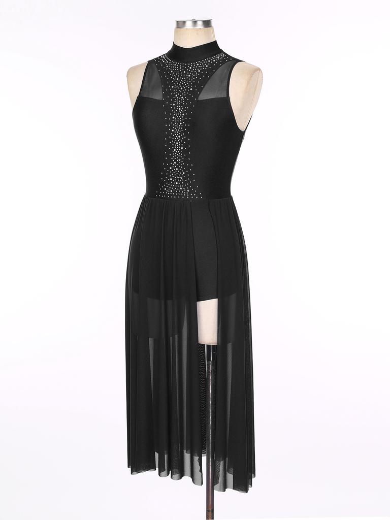 Womens Dance Performance Costume Sparkly Rhinestone Sleeveless Dress Mock Neck Back Keyhole Side Split Dresses