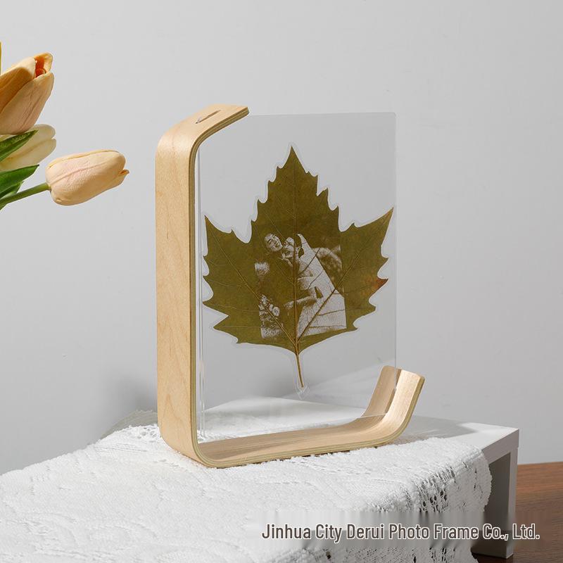 L-Shaped Leaf Carving Acrylic Photo Frame with Solid Wood Base Display 6-inch (Inner 10.2*15.2 cm)