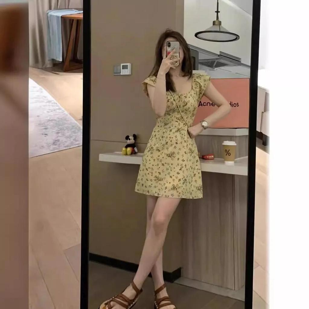 French retro floral tea break dress women's summer new waist pinch to cover the meat and show thinness square collar temperament sweet dress