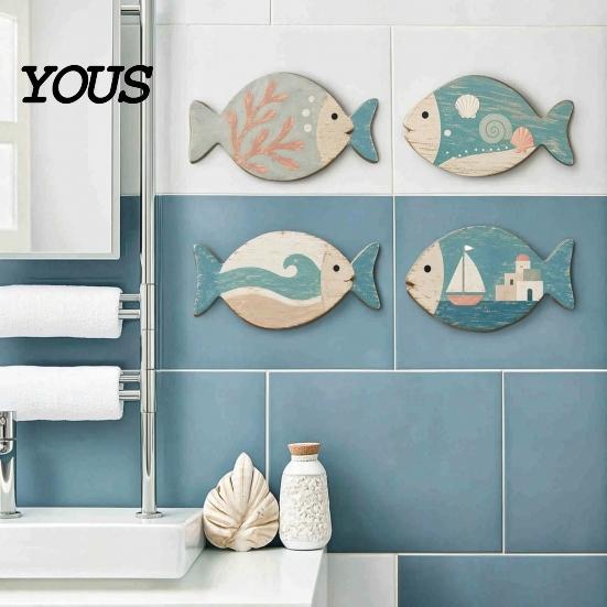 Ocean Theme Wall Decorations for Bedroom 4Pcs Wooden Hanging Fish Art, Coastal Bathroom Plaque with Nautical Handcrafted Art Living Room Bedroom,