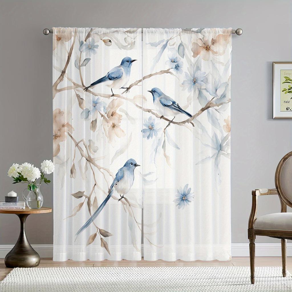 2 Stück Wunderschöne blaue Vorhänge mit Blumenmuster   Polyesterstoff   Maschinenwaschbar   Geeignet für Wohn- und Schlafzimmer
