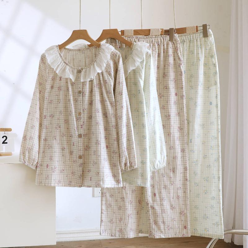 2026 New Spring and Autumn Women's Pajama Set 100% Cotton Gauze Plaid Floral Long Sleeve Cute Doll Collar Home Furnishing Set
