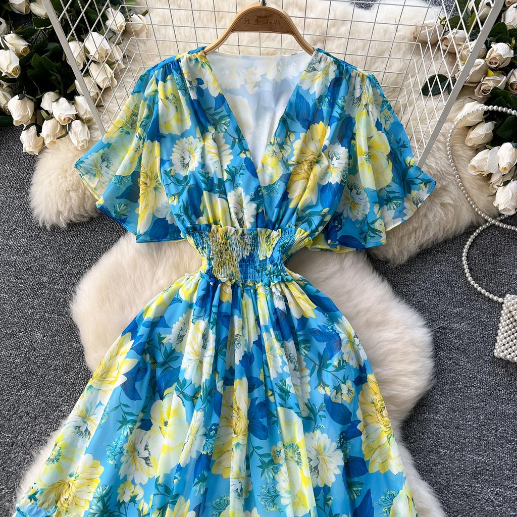 Retro V-Ausschnitt Schmetterlingsärmel Druck Chiffon Elegantes Sommerkleid A-Linie Schlagärmel Urlaubsdruck Damenkleider