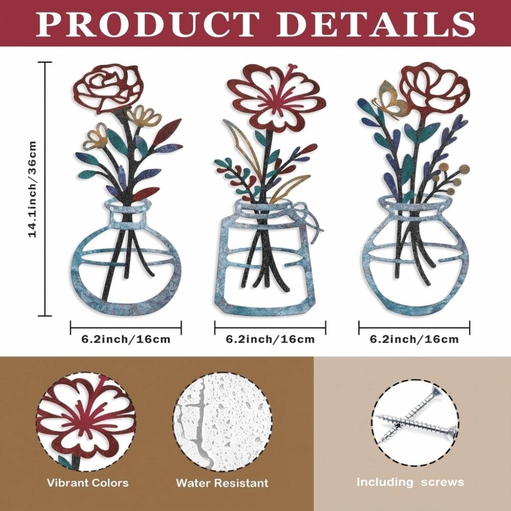 3 Pieces Set Vase Design Floral Decor 3D Wall Stickers Wall Decor Metal Flowers Wall Art  Bathroom