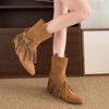 Fashion Vintage Tassels Decor Riding Boots Women 2025 Slip On Buckle Low Heels Mid Calf Boots Woman Pointed Toe Western Stray Botas