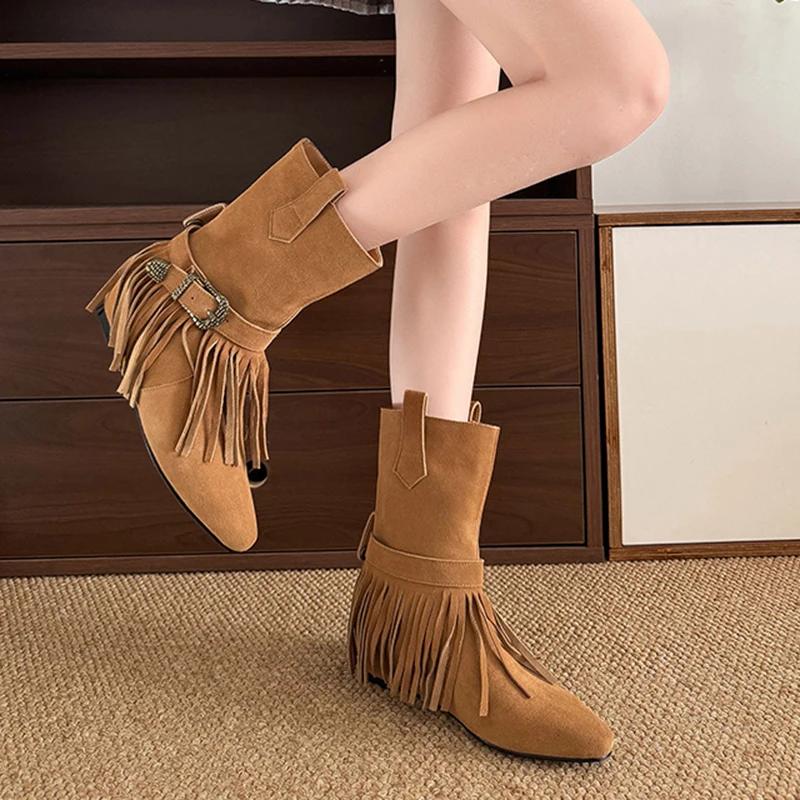 Fashion Vintage Tassels Decor Riding Boots Women 2025 Slip On Buckle Low Heels Mid Calf Boots Woman Pointed Toe Western Stray Botas