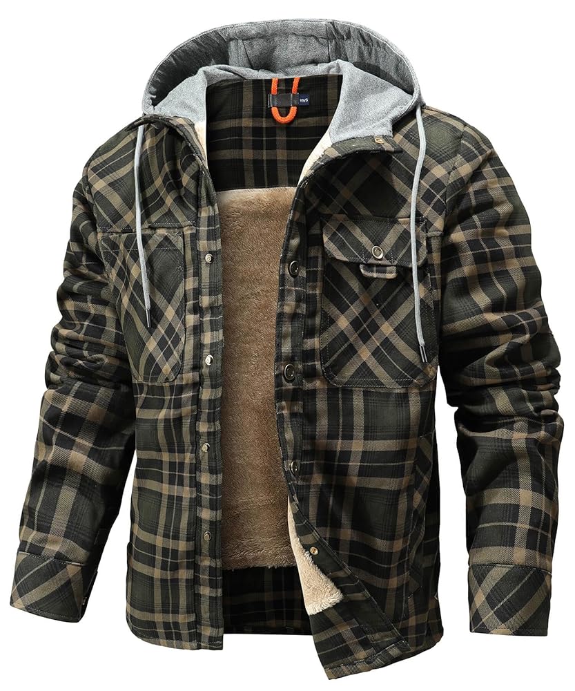 Men's Jackets Winter Hooded Warm Coat Casual Thicken Plaid Work Flannel Snap Sherpa Lined Fleece Clothing US Size
