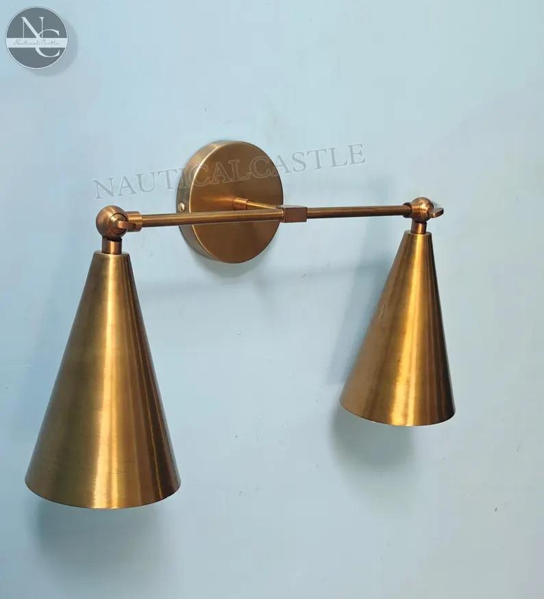 Handcrafted 1950s Mid Century Modern 2 Cone Raw Brass Finish Italian Wall Lamps Fixtures