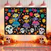 Halloween Party Flowers Balloons Skeletons Backdrop, Colorful Polyester Banner for Photo Booth & Wall Decor