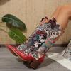 Chic Women's Embroidered Mid-Calf Boots with Chunky Heel - Pointed Toe, Lace-Up Western Fashion Booties