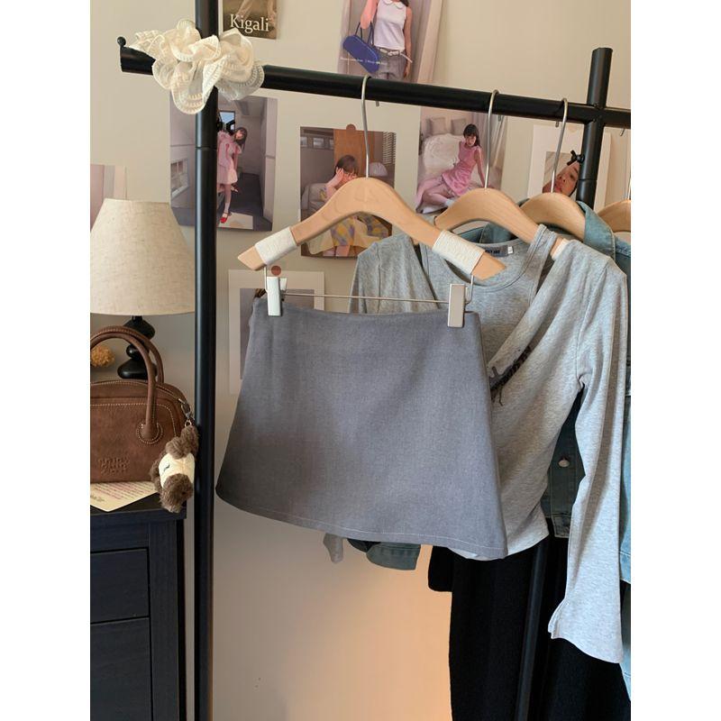 

Kumikumi Preppy Simple Solid Low Waist Skirt Women s Autumn Slimming Versatile Anti-exposure Sheath Short dress Gray L