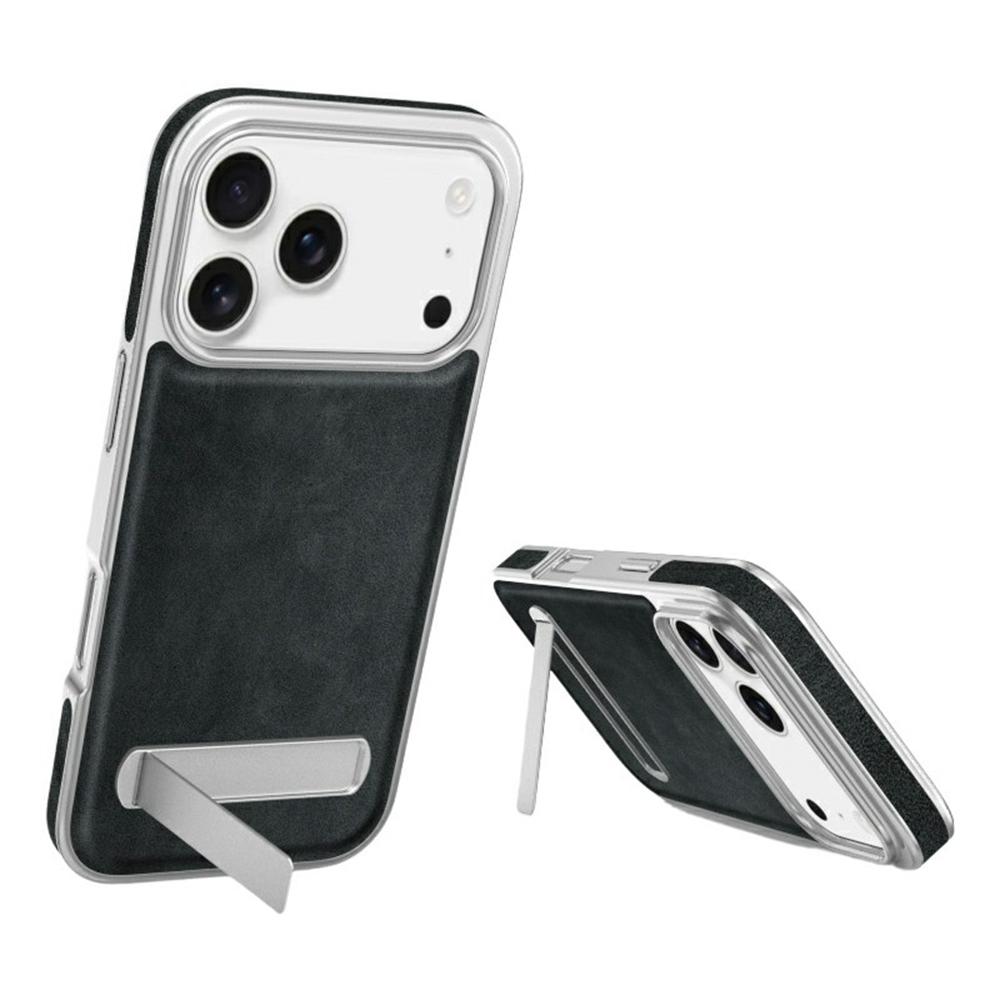 For iPhone 17 Pro Case with Hidden Kickstand Leather + PC + TPU Matte Electroplated Phone Cover