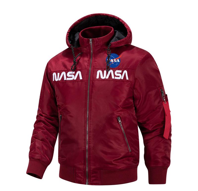 Men's Winter Hooded Padded Bomber Jacket Embroidered Quilted Flight Coat Loose Fit Casual Streetwear