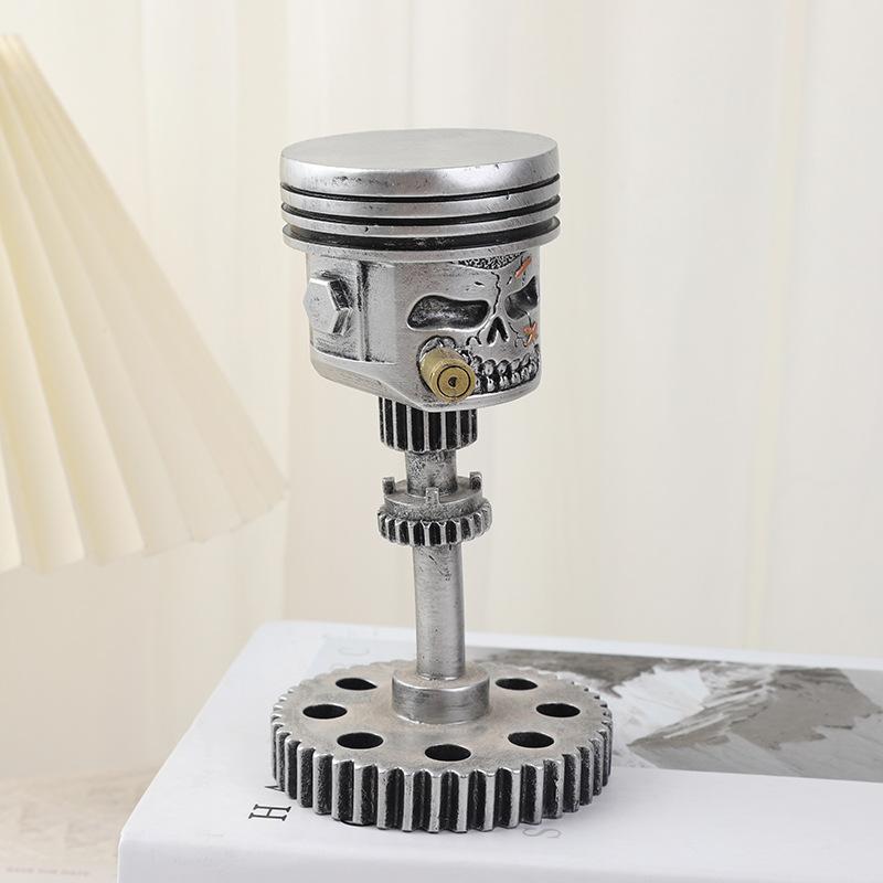 Piston Skull Face Sculpture Resin Gear Ornament Steampunk Decor Unique Art Piece